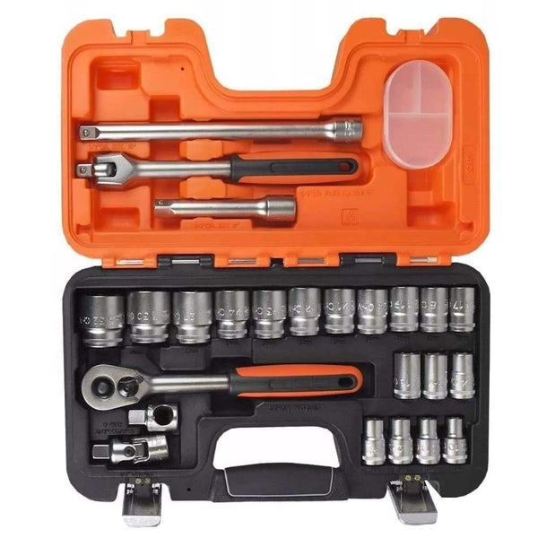 JUEGO DE DADOS Y ACCESORIOS MANDO 1/2" 24PZS CJA PVC S240 BAHCO